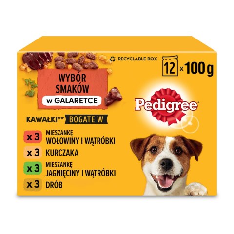 Pedigree Pedigree Mokra Karma Dla Dorosłych Psów W Galaretce Z Wołowiną, Z Kurczakiem, Z Jagnięciną, Z Drobiem 12x100g