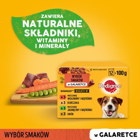 Pedigree Pedigree Mokra Karma Dla Dorosłych Psów W Galaretce Z Wołowiną, Z Kurczakiem, Z Jagnięciną, Z Drobiem 12x100g