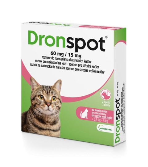 Bayer VETOQUINOL Dronspot krople odrobaczające spot-on dla średnich kotów 2,5-5 kg (2 x 0,7 ml)