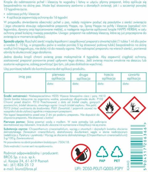 Bros Sp z o.o. Bros Happs Herbal Krople Na Pchły I Kleszcze Dla Małych Psów 4 Tubki