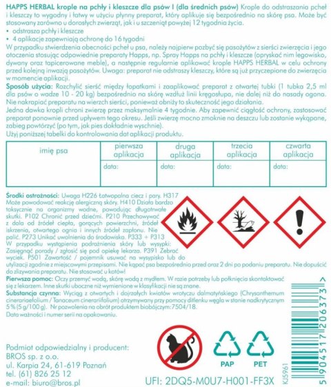 Bros Sp z o.o. Bros Happs Herbal Krople Na Pchły I Kleszcze Dla Średnich Psów 4 Tubki