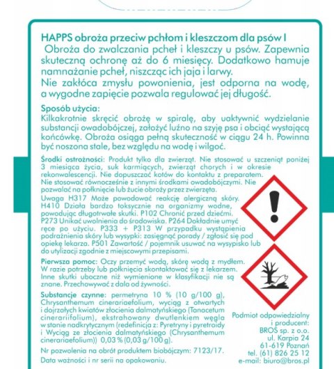 Bros Sp z o.o. Bros Happs Obroża Przeciw Pchłom I Kleszczom Dla Dużych Psów 60cm