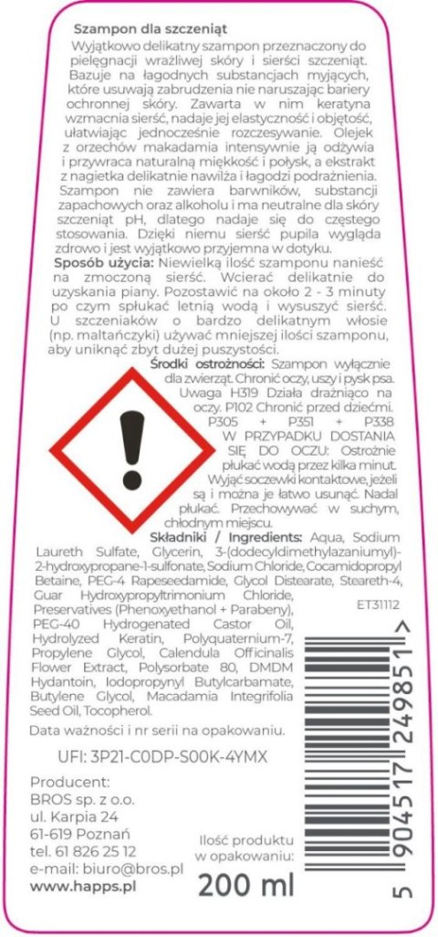 Bros Sp z o.o. Bros Happs Szampon Pielęgnacyjny Dla Szczeniąt 200ml