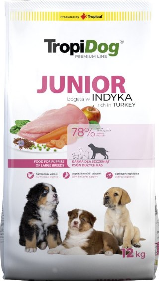 Tropidog Tropidog Premium Junior Indyk Z Ryżem 12kg