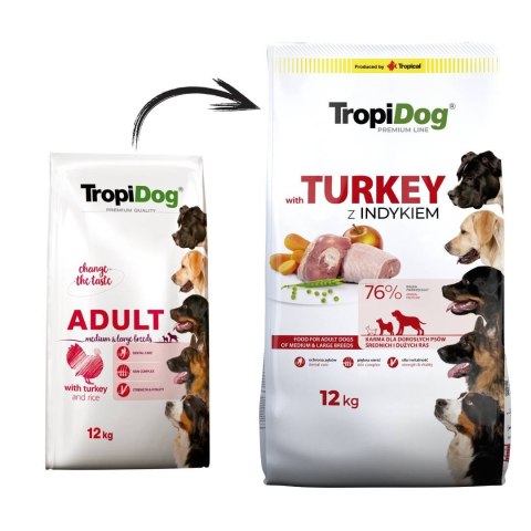 Tropidog Tropidog Premium Adult Medium & Large Breed Indyk Z Ryżem 12kg