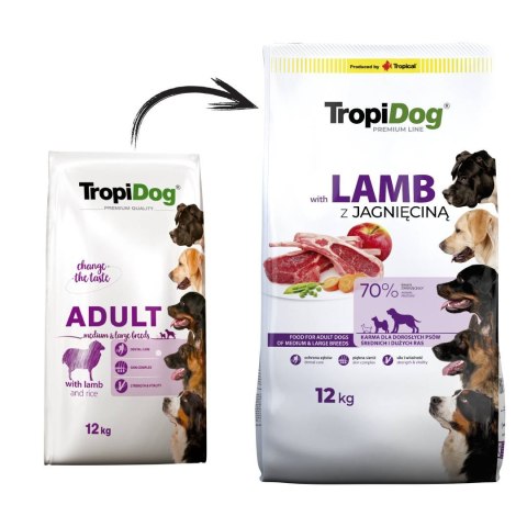 Tropidog Tropidog Premium Adult Medium & Large Breed Jagnięcina Z Ryżem 12kg