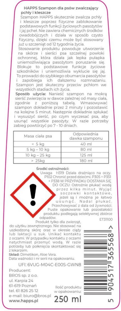Bros Sp z o.o. HAPPS Szampon dla Psów Zwalczający Pchły i Kleszcze 250 ml