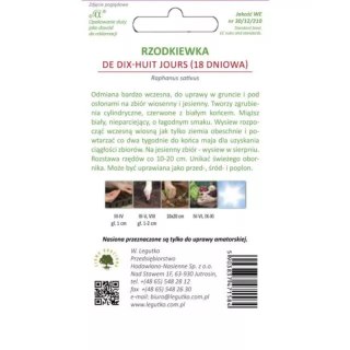 Rzodkiewka De dix-huit jours (18 dniowa) - półdługa, czerwona z białym końcem, b. wczesna